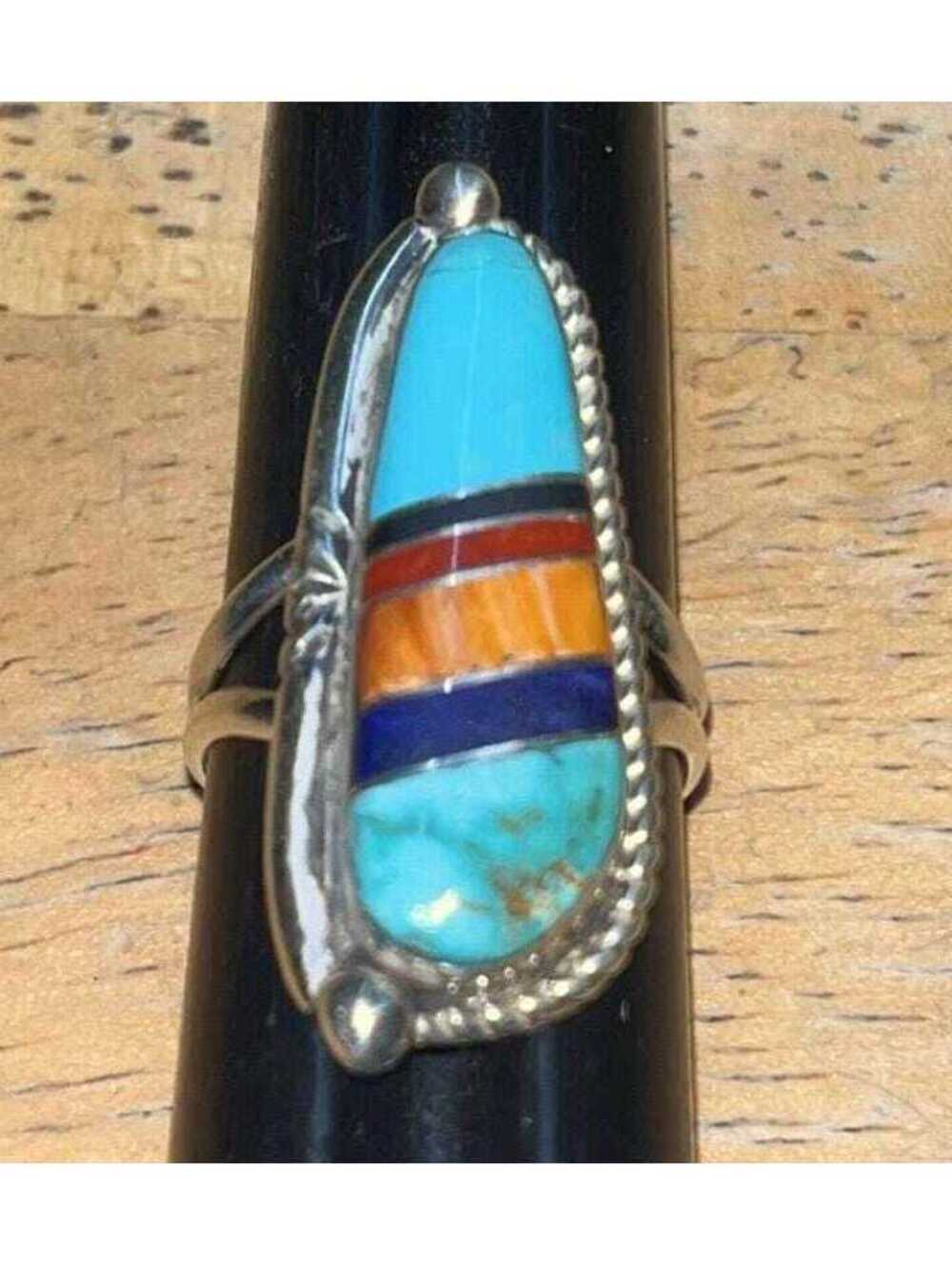 Navajo multi stone inlay cluster turquoise sterling silver ring size 8